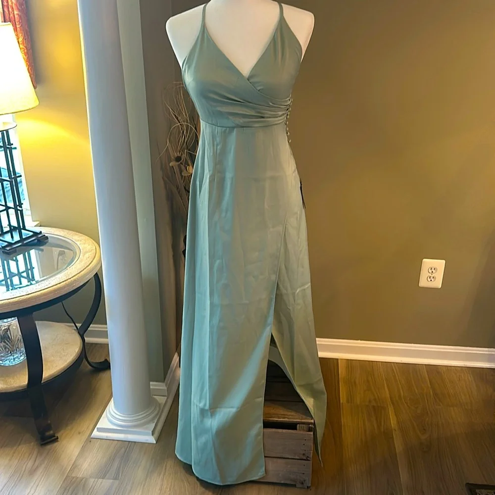 Lulus Sage Green Satin Evening Gown - size small - never been worn - Picture 1 of 5